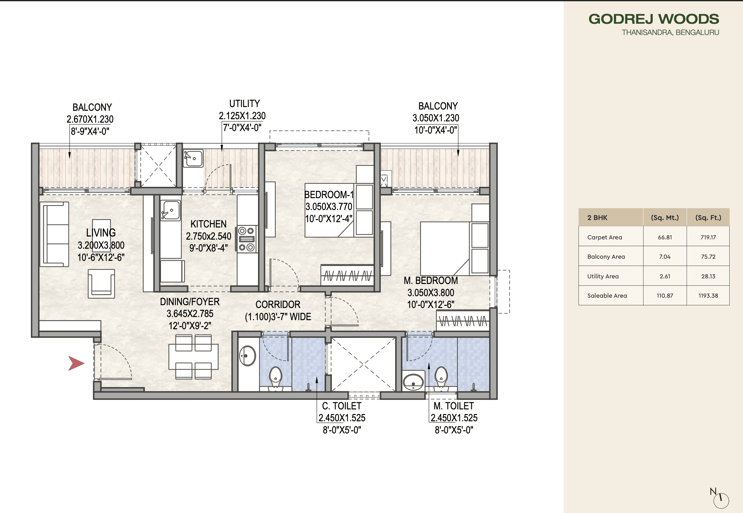 2 BHK + 2T Floor Plan